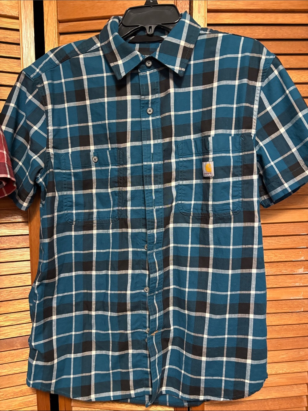 Carhartt Men's Teal and Black Plaid Short Sleeve Button-Down Shirt